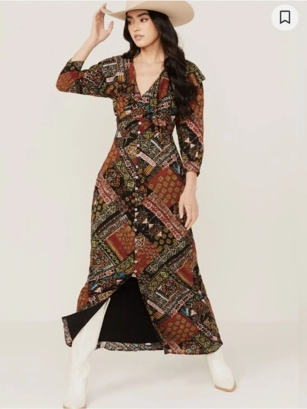 Free People Patchwork Paisley Maxi Dress in Brown, Black and Rust - Picture 1 of 7